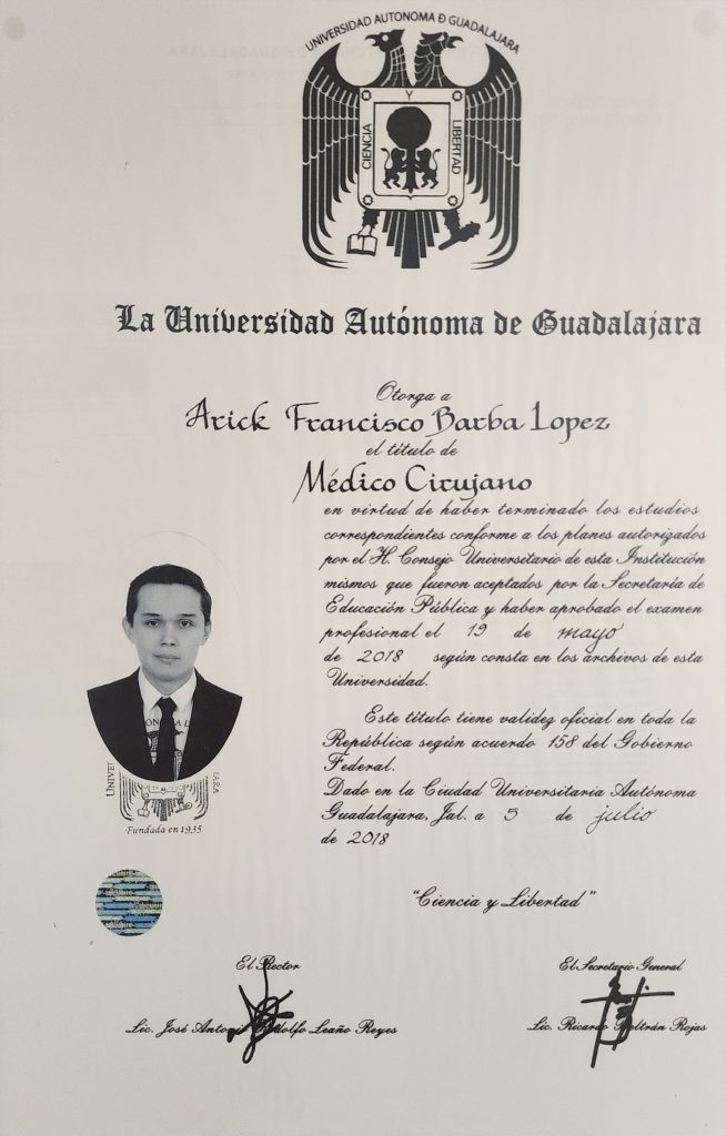 Dr. Arick Francisco Barba Lopez Medical Diploma