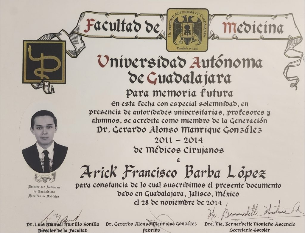 Dr. Arick Francisco Barba Lopez Medical Diploma 2