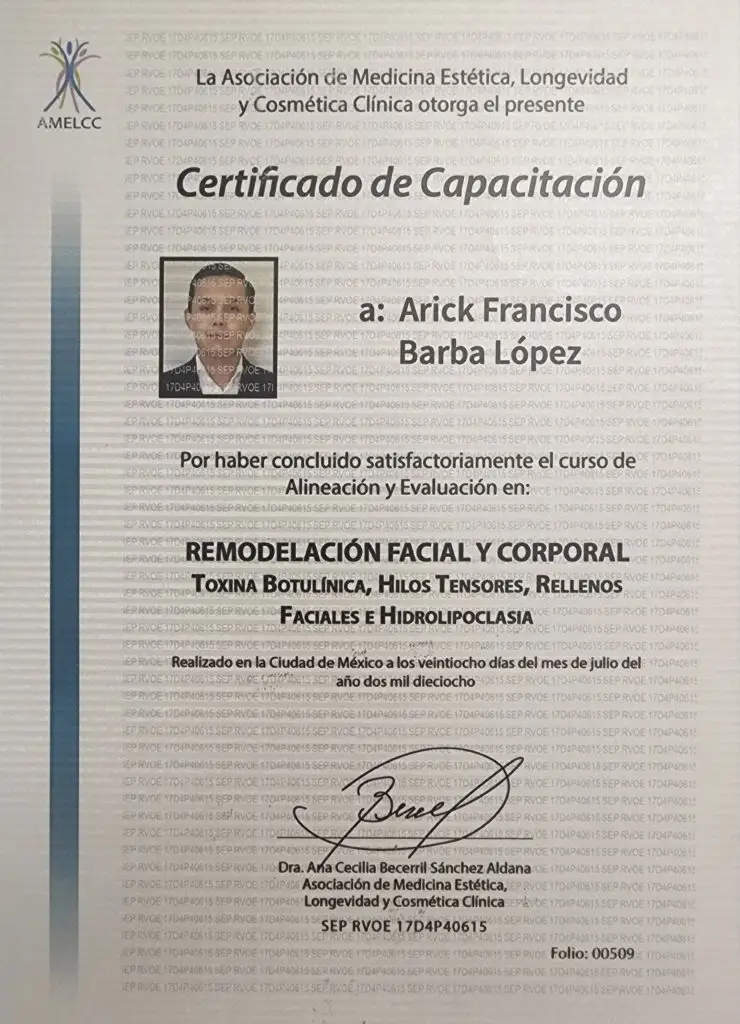 Dr. Arick esthetic medicine certificate 2