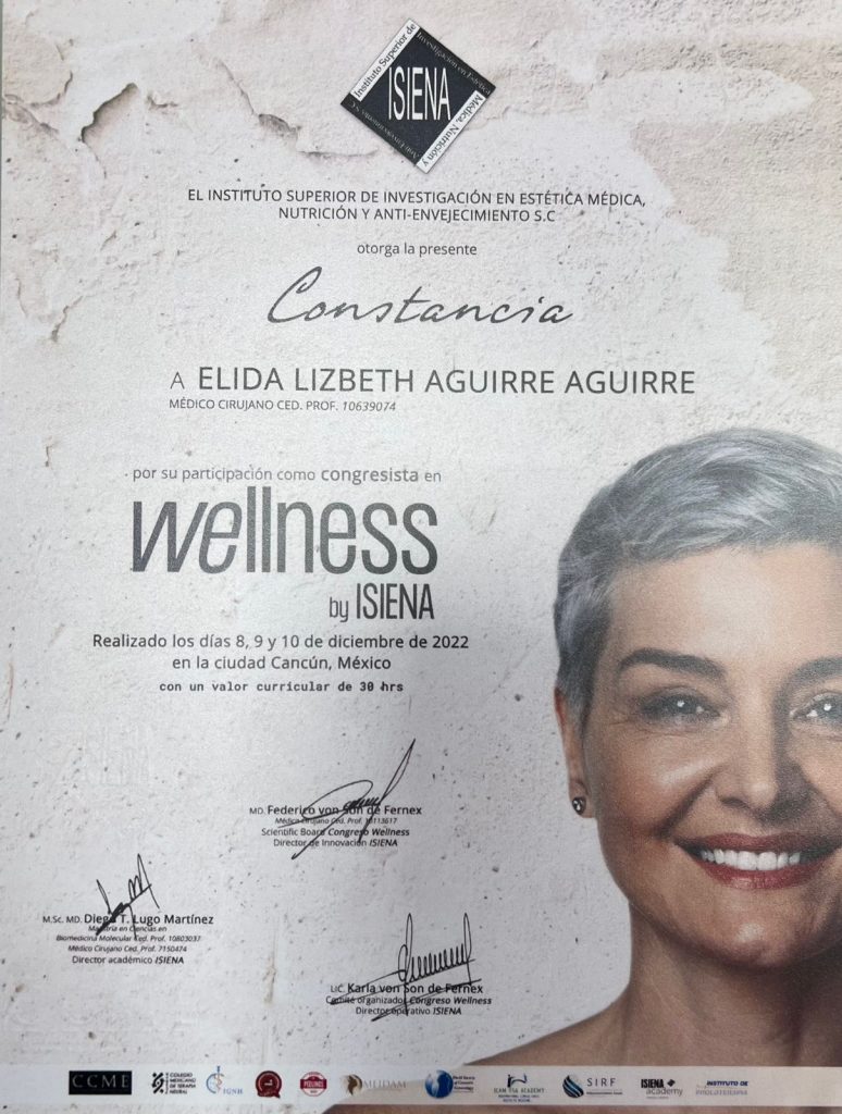 Dr. Elida Lizbeth Aguirre Aguirre asthetic medicine certificate