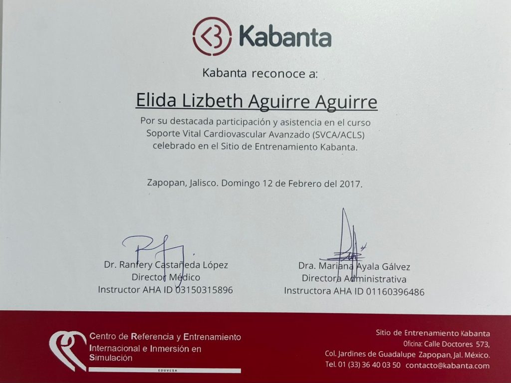 Dr. Elida Lizbeth Aguirre Aguirre kabanta certificate