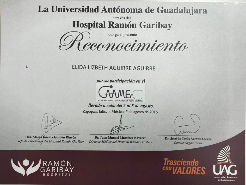 Dr. Elida Lizbeth Aguirre Aguirre medical congress certificate