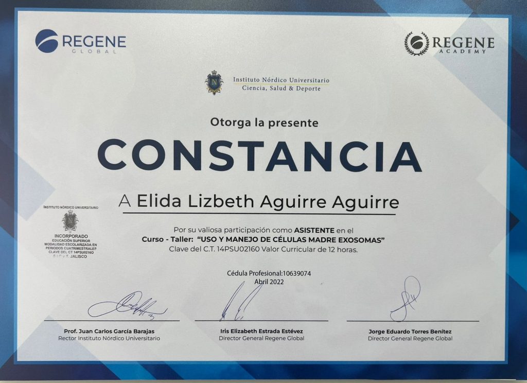 Dr. Elida Lizbeth Aguirre Aguirre stem cell training certificate