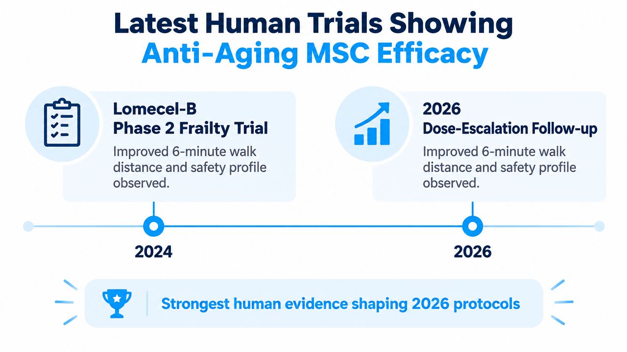 A timeline graphic showing 2024 and 2026 milestones for Lomecel-B anti-aging MSC clinical trials and efficacy data.