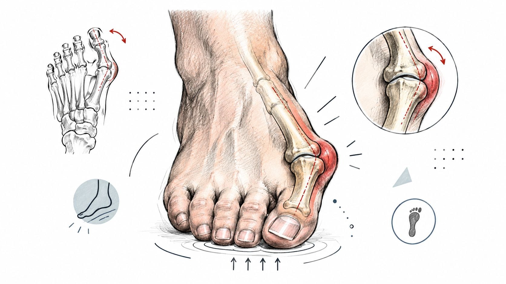 Anatomical illustration showing a bunion on the big toe, highlighting the skeletal misalignment and joint inflammation.