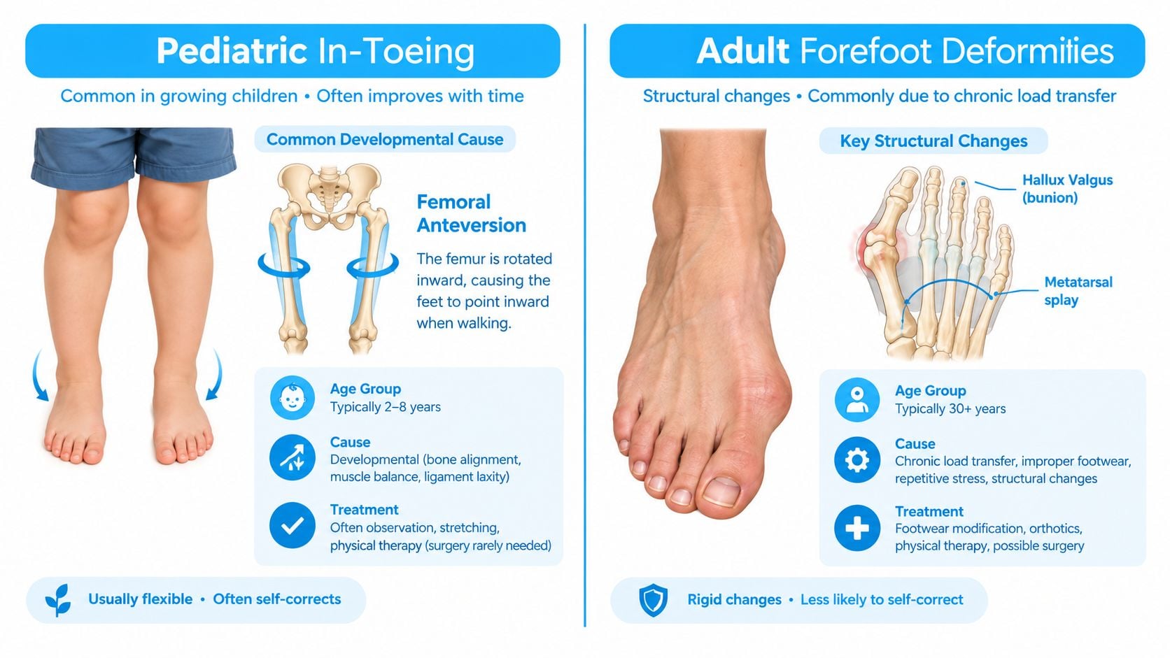An infographic comparing pediatric in-toeing causes with adult forefoot deformities like bunions and metatarsal splay.