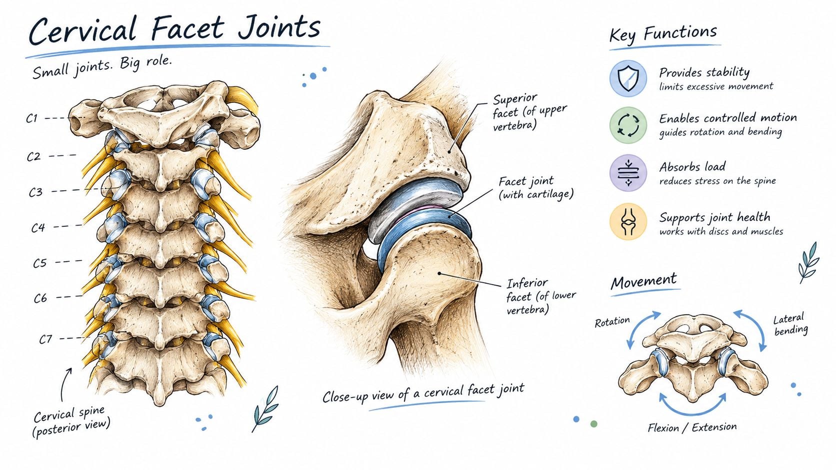An anatomical illustration displaying the cervical spine structure, focusing on the facet joints and their specific functions.
