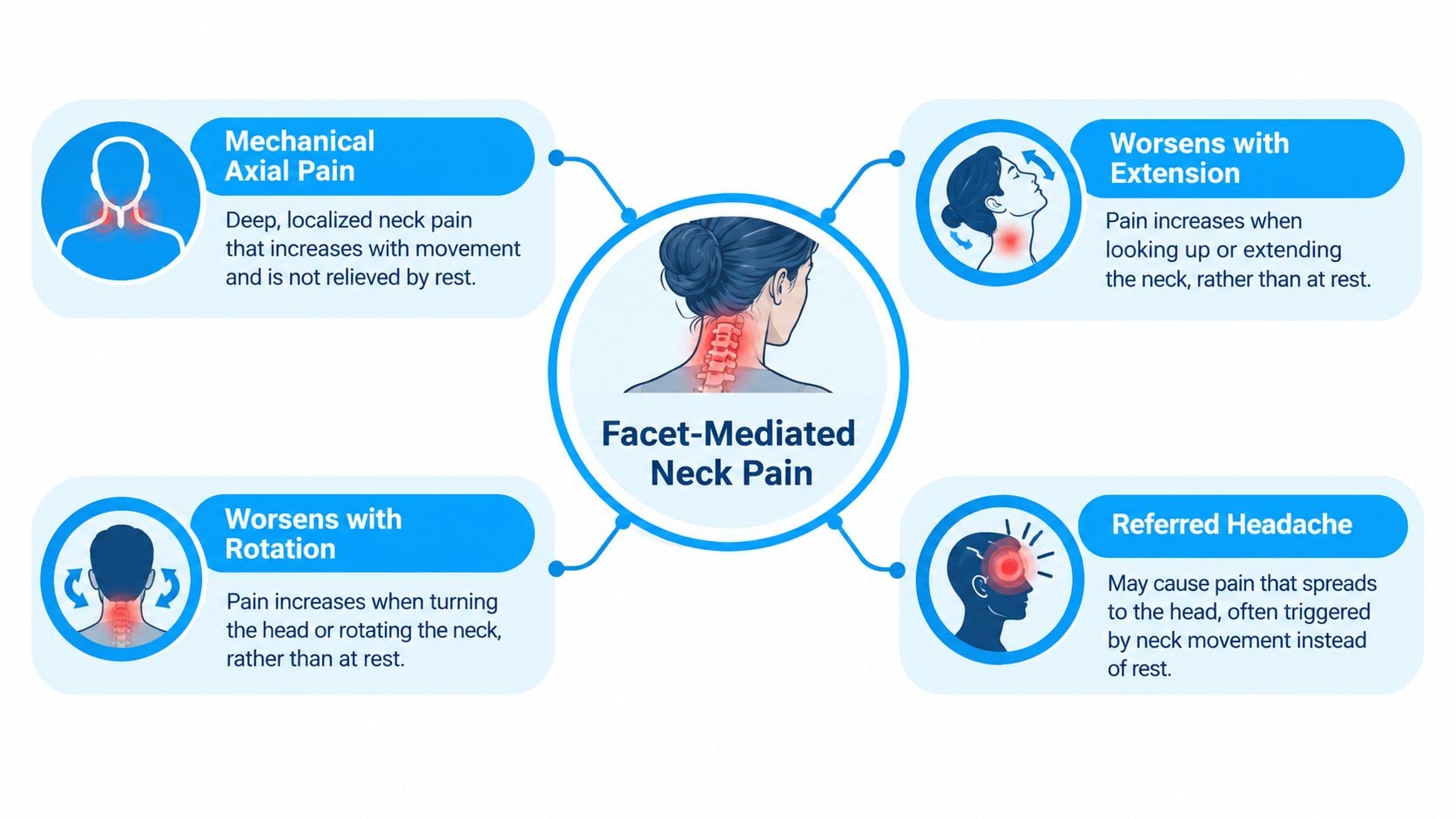 An educational infographic outlining the four common symptoms and characteristics associated with facet-mediated neck pain.