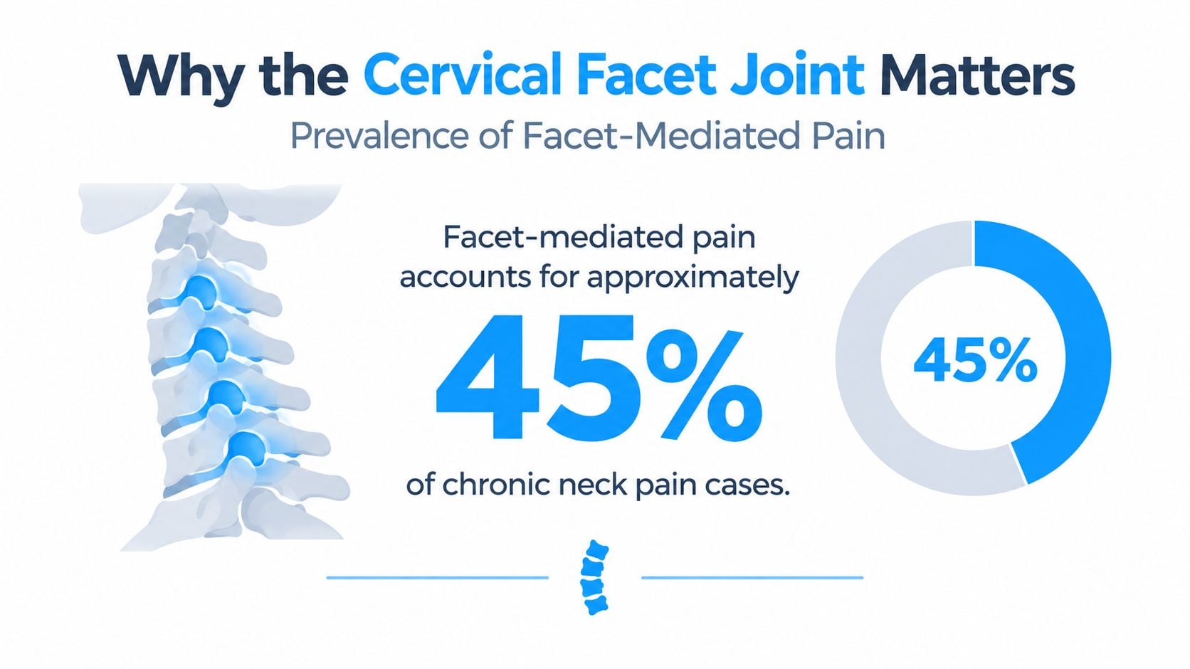 An infographic displaying that facet-mediated joint pain accounts for forty-five percent of chronic neck pain cases.