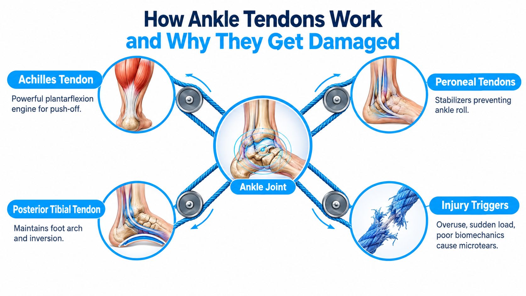 A diagram illustrating how ankle tendons work and identifying causes of tendon damage through visual metaphors.