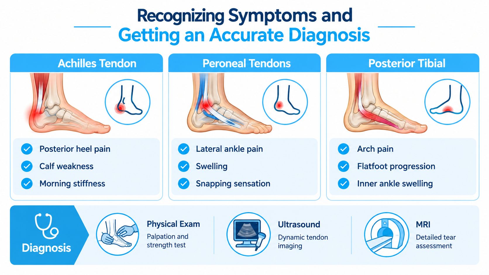 An educational infographic showing symptoms of Achilles, Peroneal, and Posterior Tibial tendon damage with diagnostic examination methods.