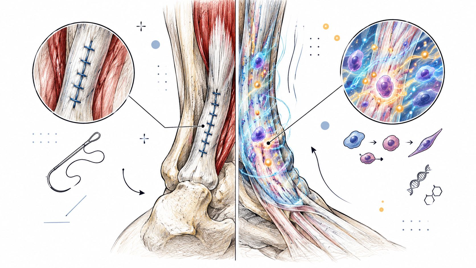A detailed medical illustration comparing physical tendon repair surgery with cellular regenerative healing processes in an ankle.