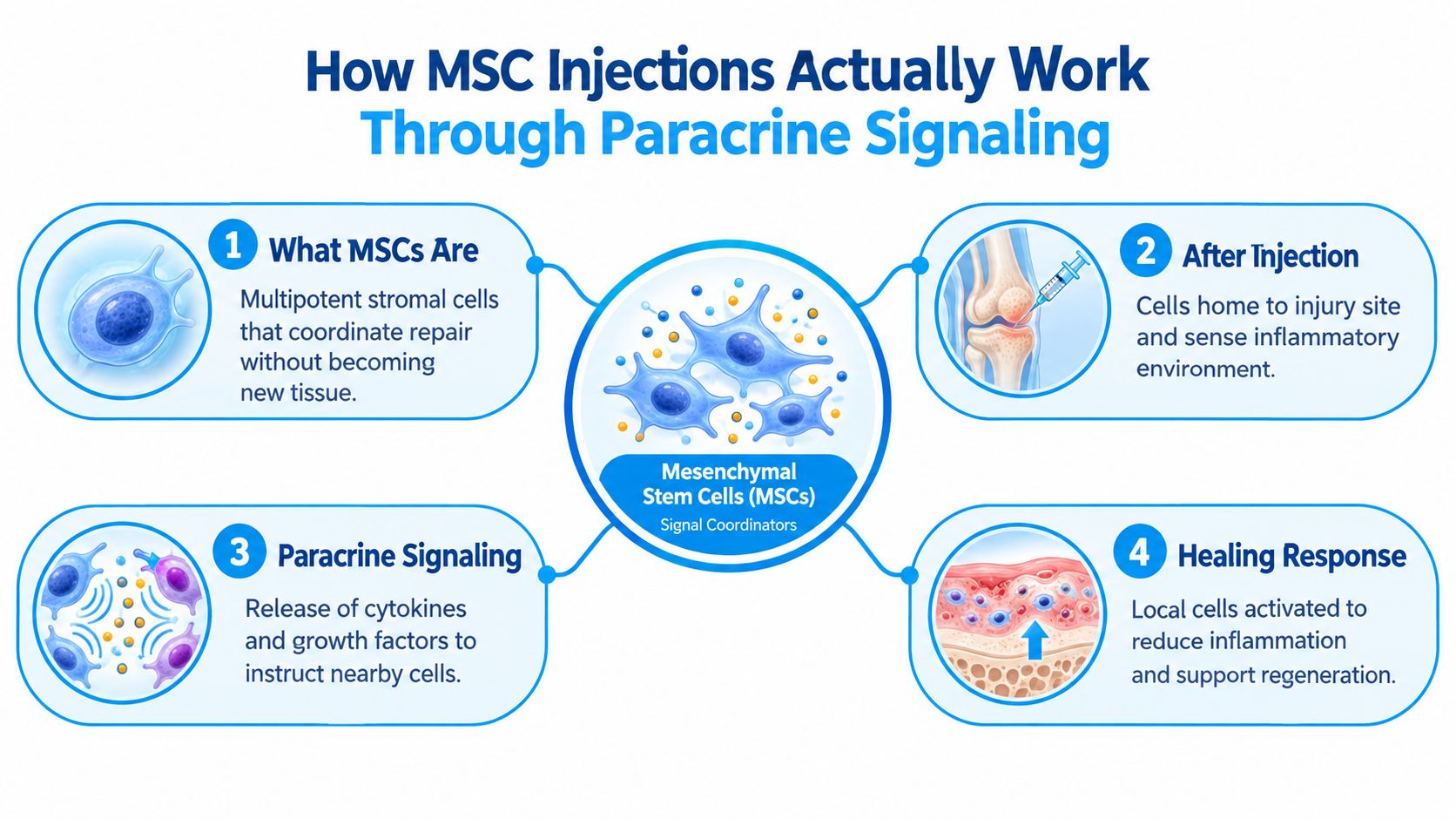 A diagram illustrating the four-step process of how mesenchymal stem cell injections work via paracrine signaling.