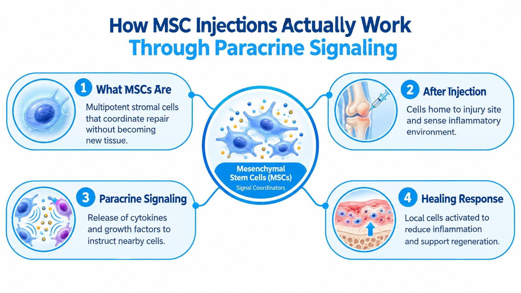 A diagram illustrating the four-step process of how mesenchymal stem cell injections work via paracrine signaling.