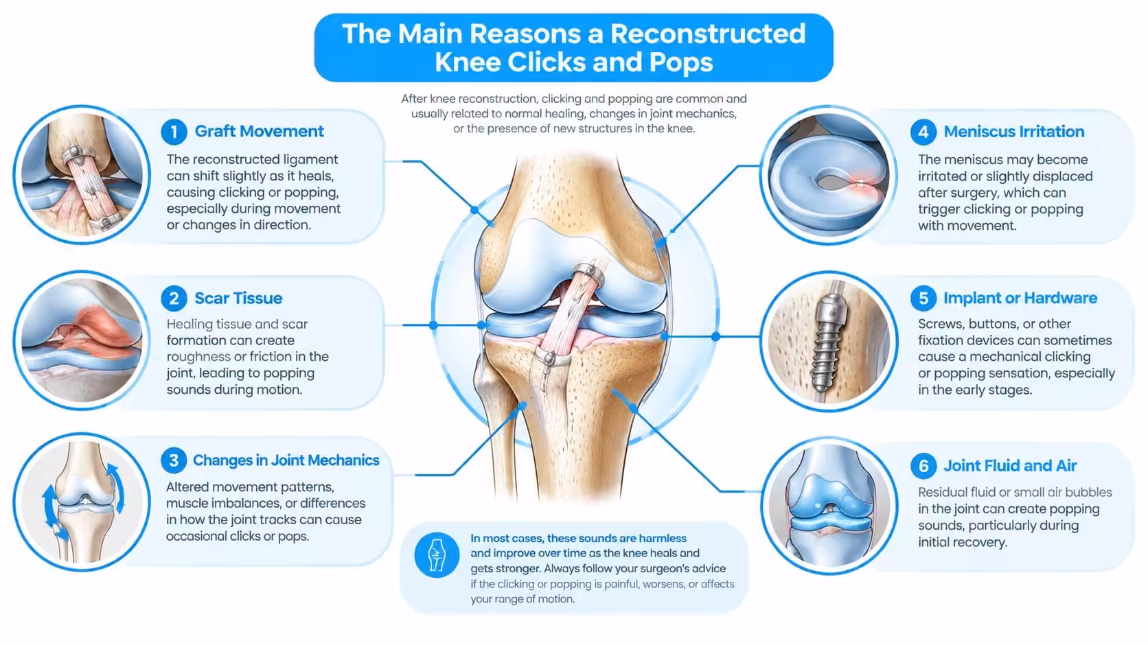 An infographic showing six primary reasons for clicking or popping sounds after knee reconstruction surgery.