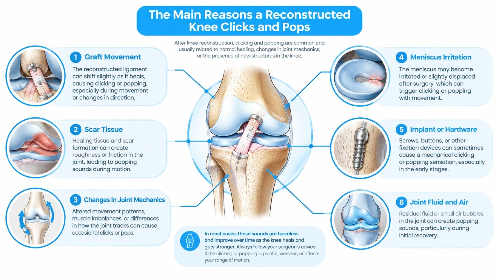 An infographic showing six primary reasons for clicking or popping sounds after knee reconstruction surgery.