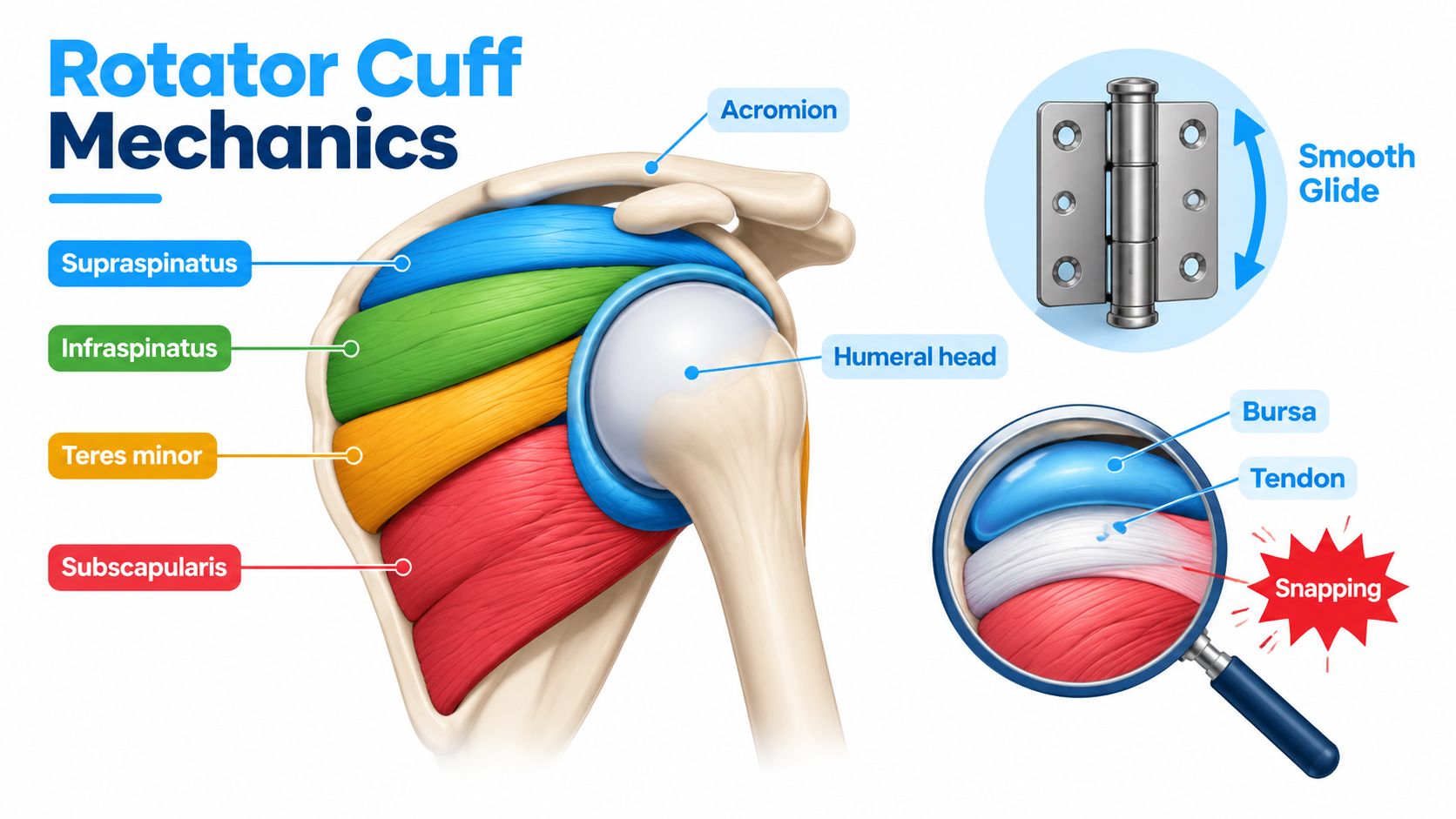 A diagram illustrating rotator cuff anatomy, showing shoulder muscles and a magnified view of tendon snapping.