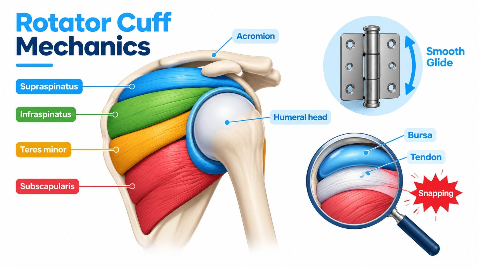 A diagram illustrating rotator cuff anatomy, showing shoulder muscles and a magnified view of tendon snapping.