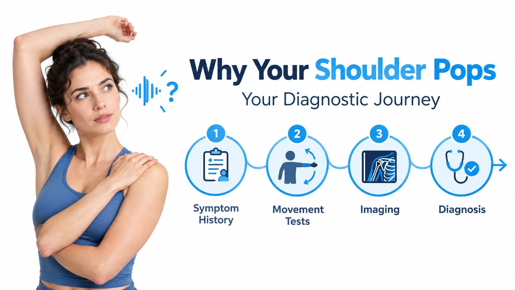 A woman holding her shoulder with a four-step diagnostic journey graphic describing why shoulders pop.