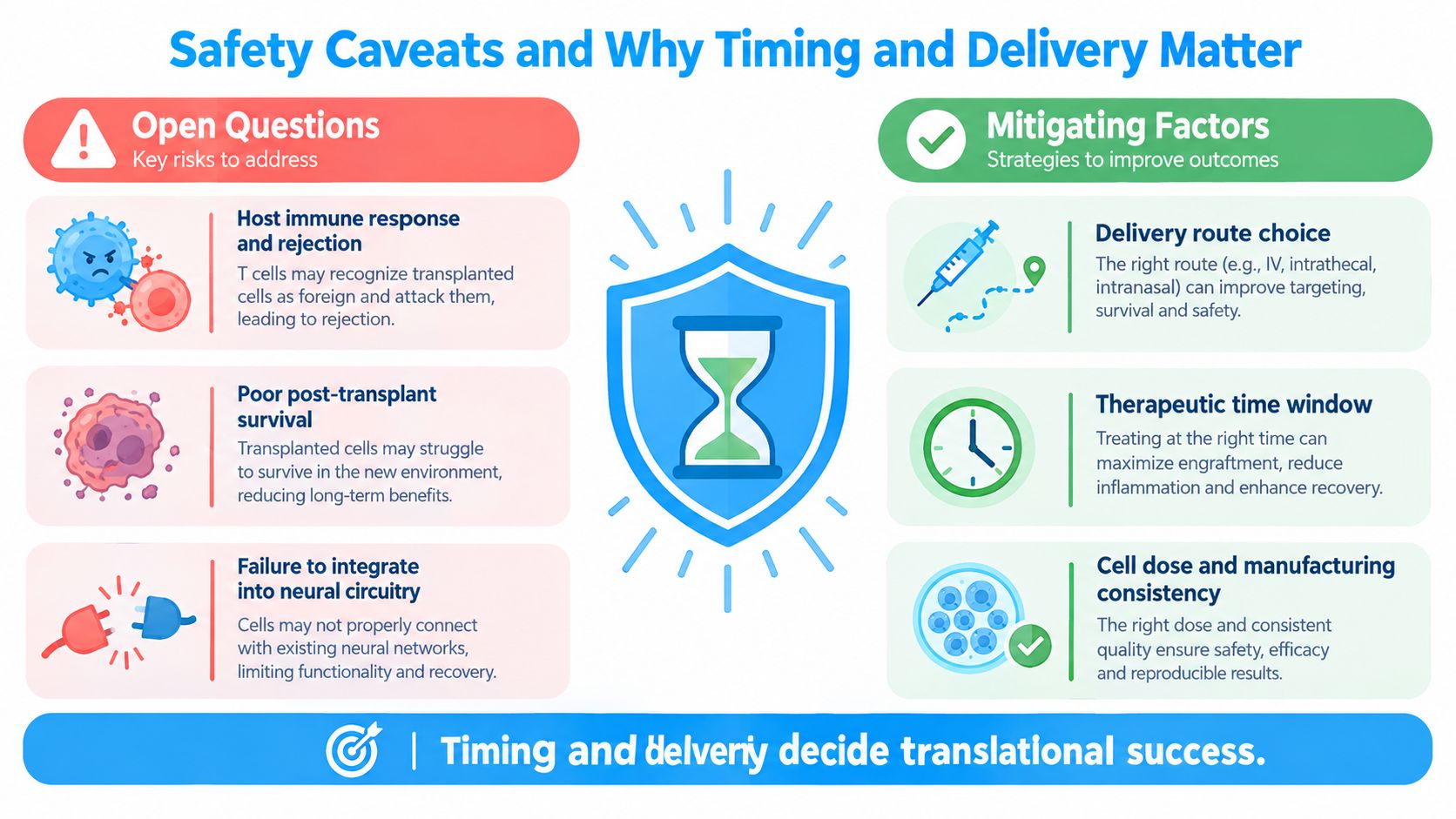 An infographic showing safety challenges and mitigation strategies for cell therapy in medical research applications.