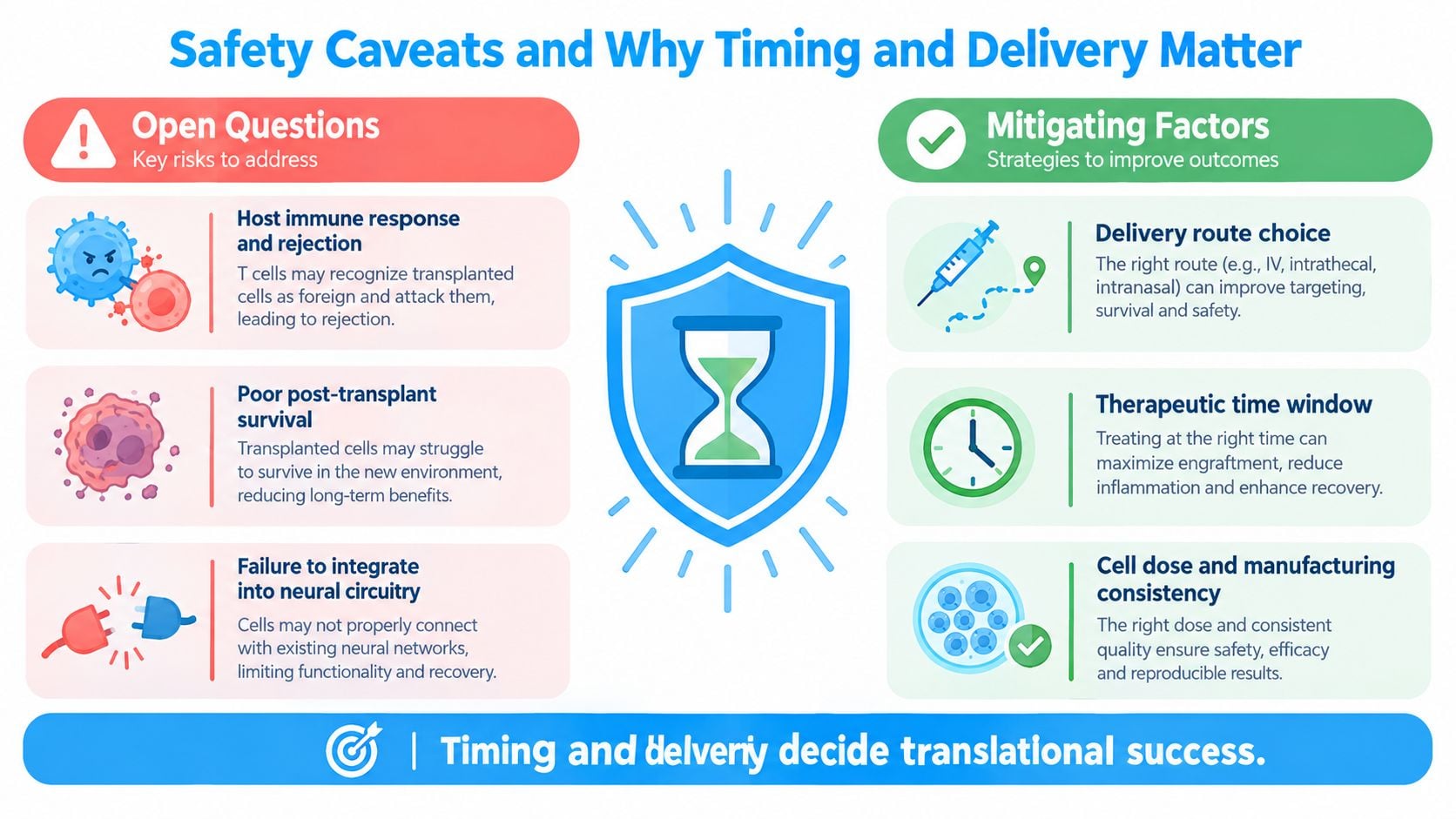 An infographic showing safety challenges and mitigation strategies for cell therapy in medical research applications.
