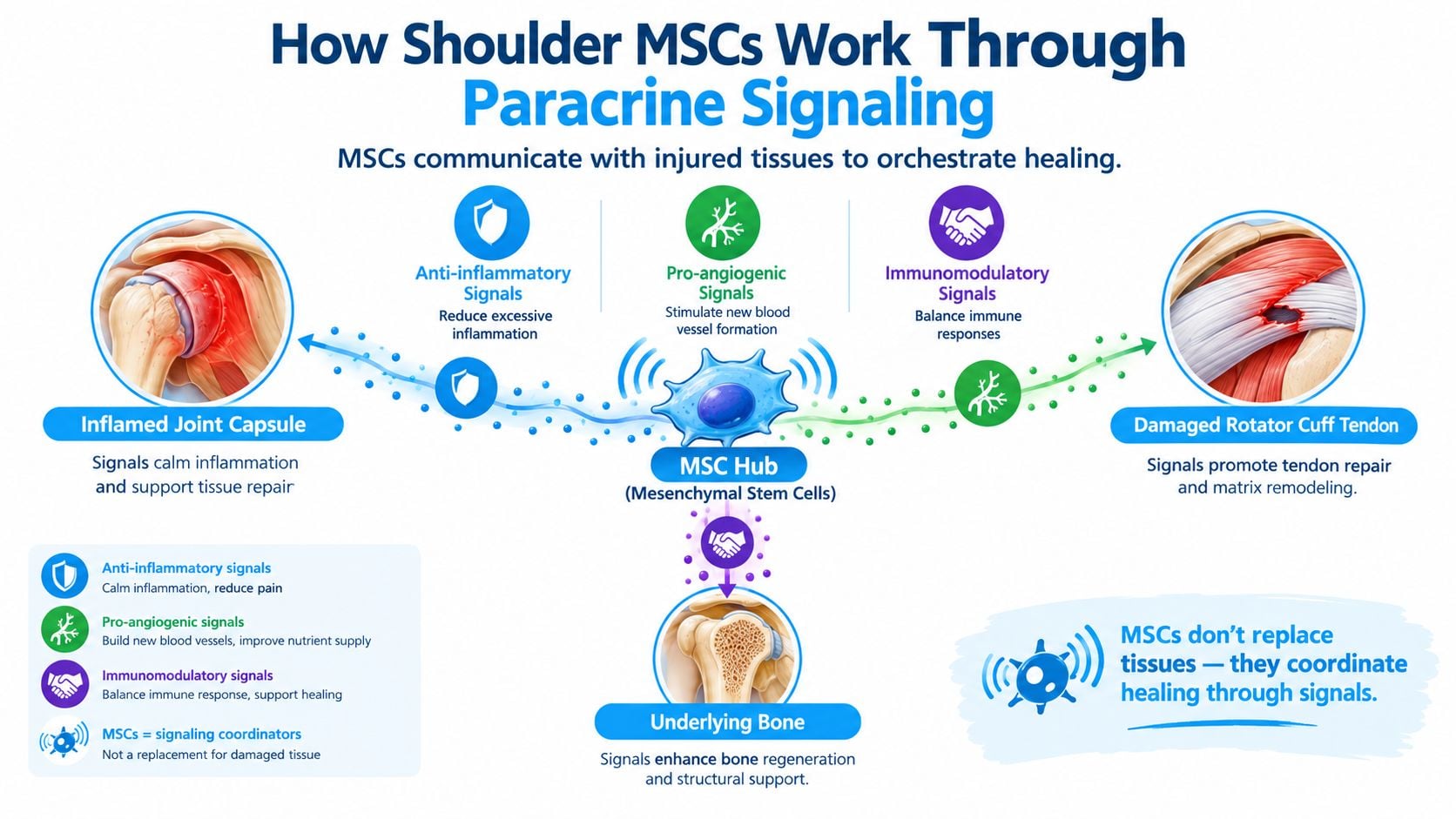 A diagram illustrating how MSC stem cells coordinate shoulder healing through paracrine signaling and various biological signals.