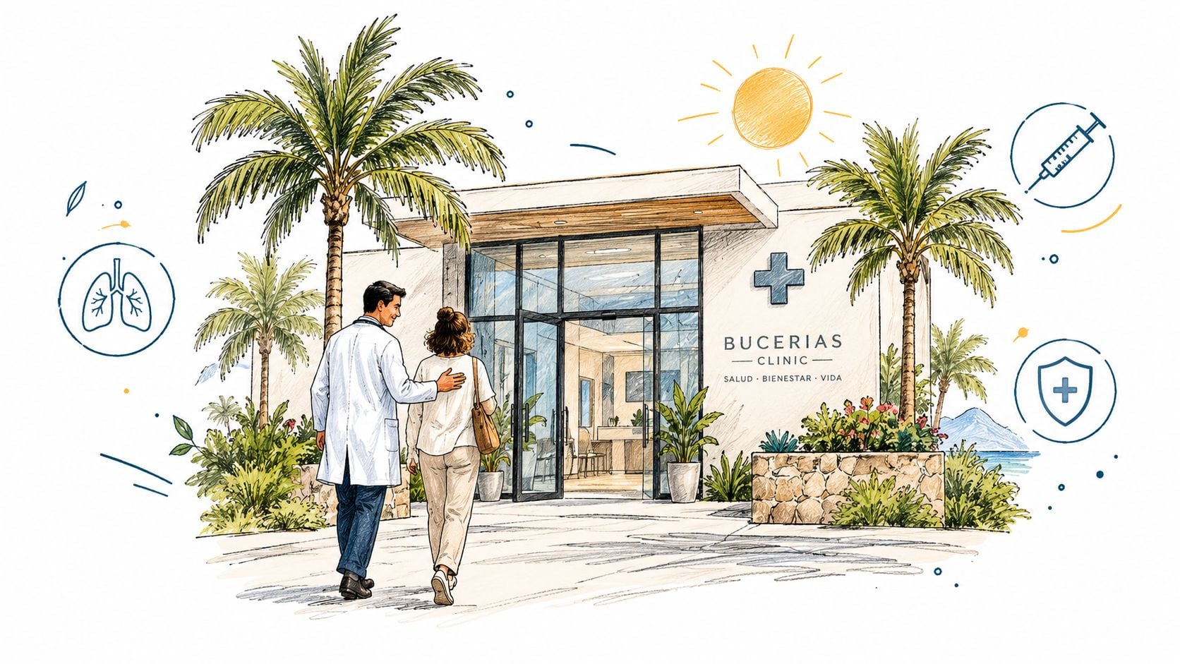 A doctor guiding a patient towards the entrance of Bucerias Clinic surrounded by tropical trees and medical icons.