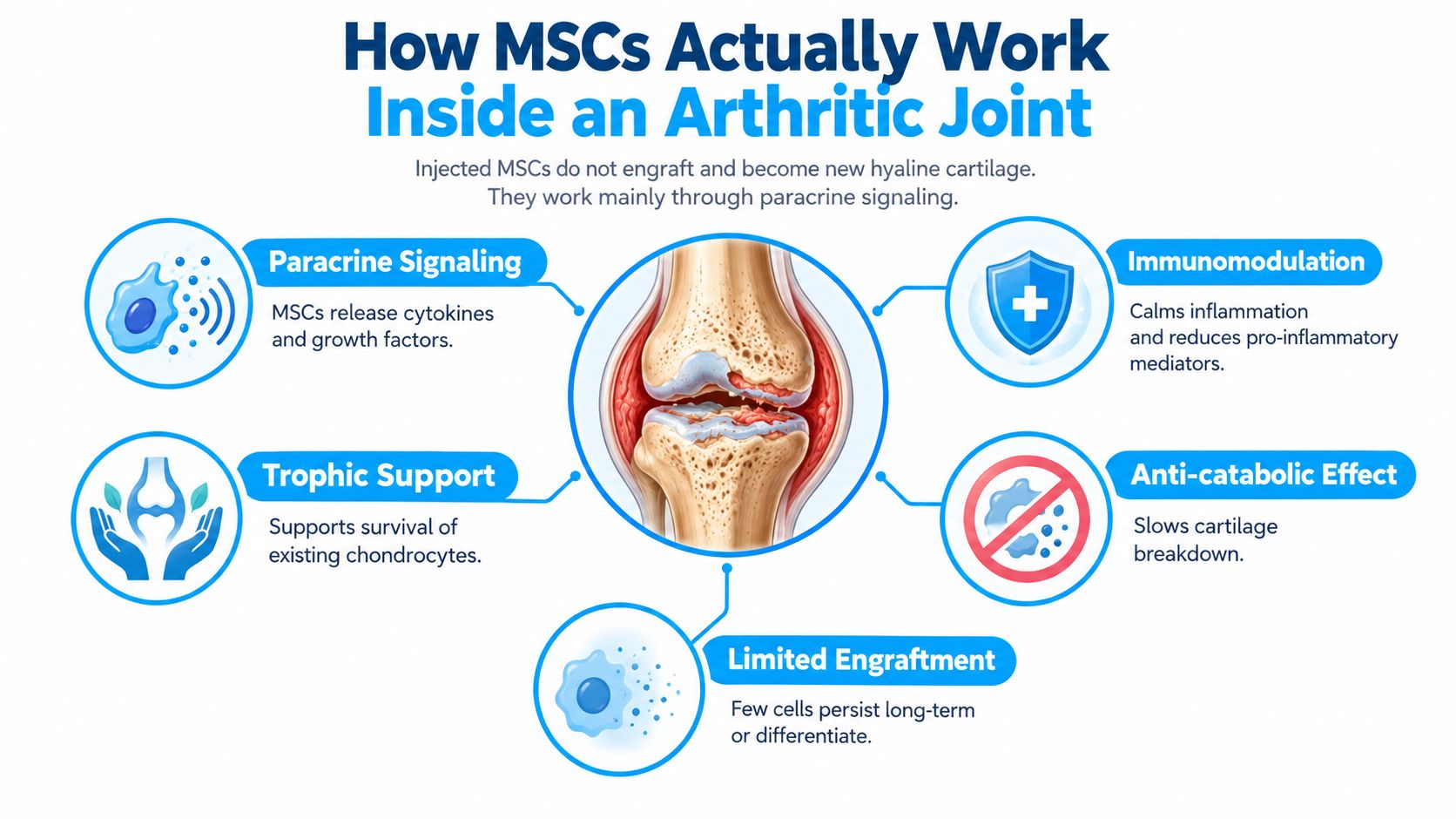An infographic showing how mesenchymal stem cells work within an arthritic joint through paracrine signaling and immunomodulation.