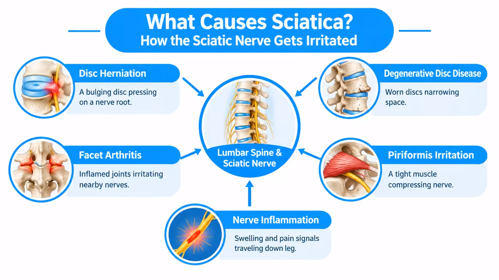 A diagram illustrating five common causes of sciatica including disc herniation, arthritis, and muscle irritation in the spine.
