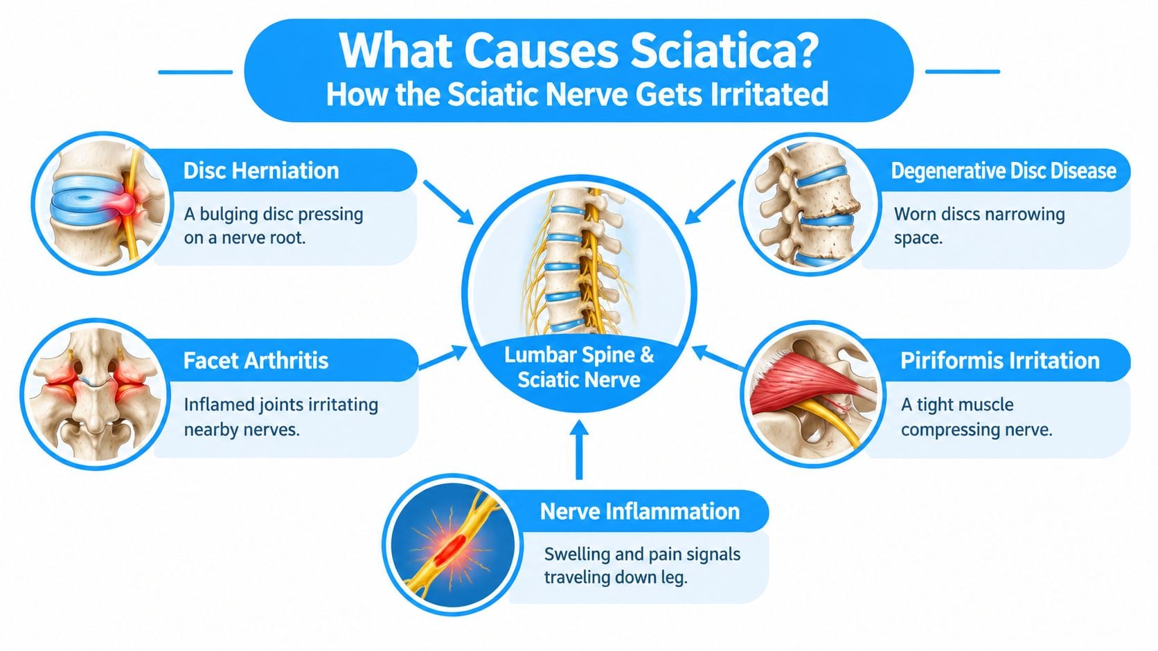 A diagram illustrating five common causes of sciatica including disc herniation, arthritis, and muscle irritation in the spine.