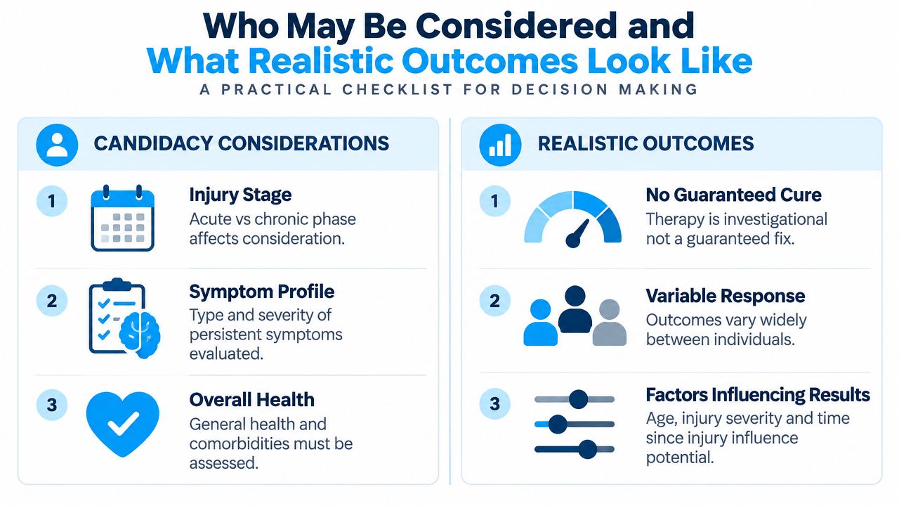 A checklist infographic detailing candidacy considerations and realistic outcomes for medical treatment or therapy decisions.