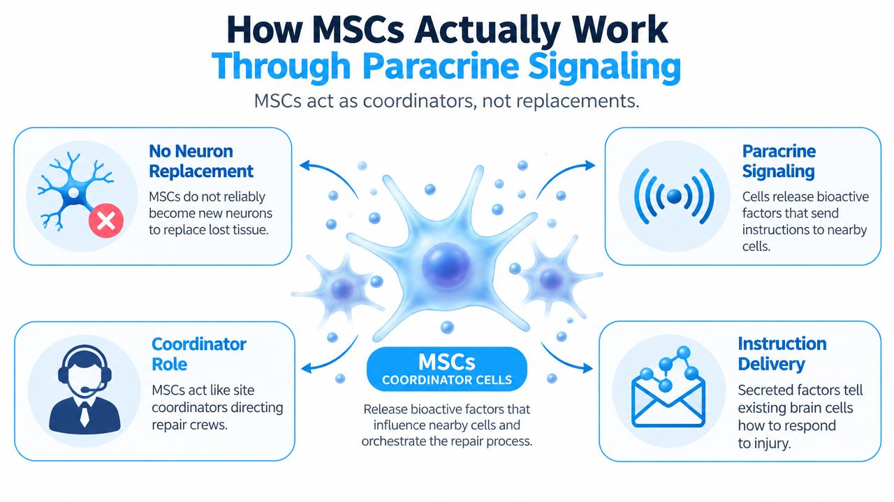 A diagram explaining how mesenchymal stem cells (MSCs) work as coordinator cells through paracrine signaling for brain repair.