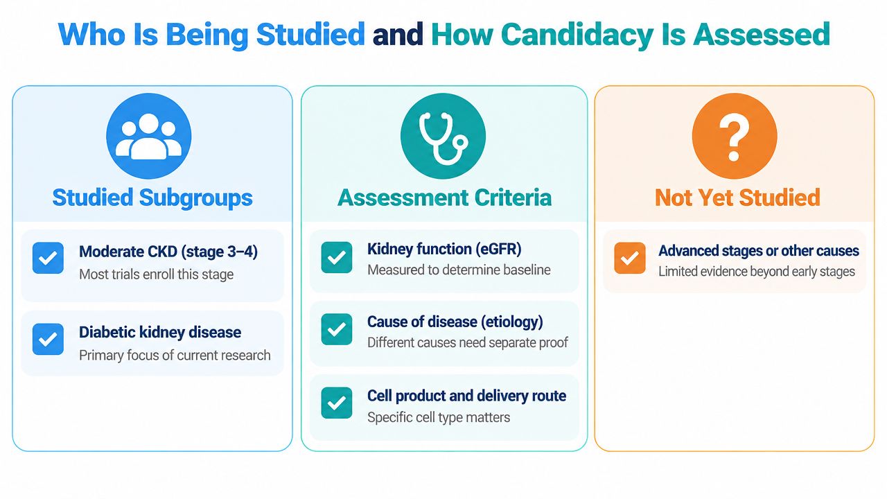 A chart illustrating the study subgroups, assessment criteria, and unexplored areas for kidney disease research and candidacy.