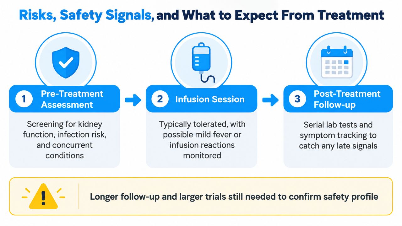 A diagram outlining the safety steps and monitoring process for medical treatment, including pre-treatment, infusion, and follow-up.