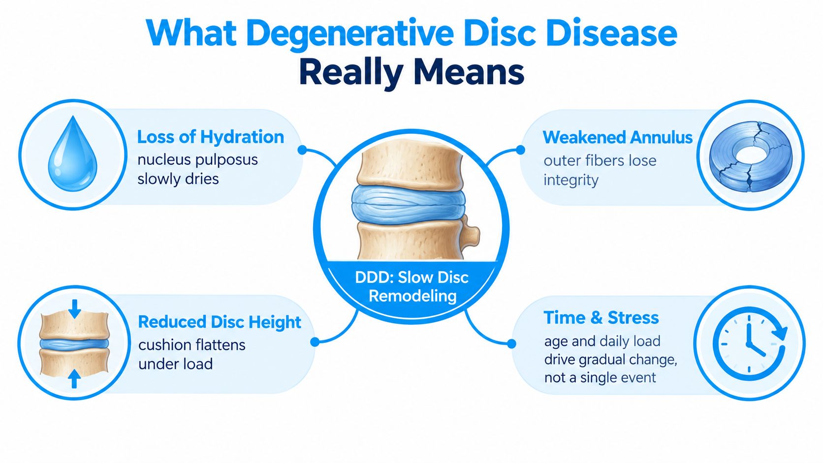 An infographic showing the four key components of degenerative disc disease and disc remodeling.