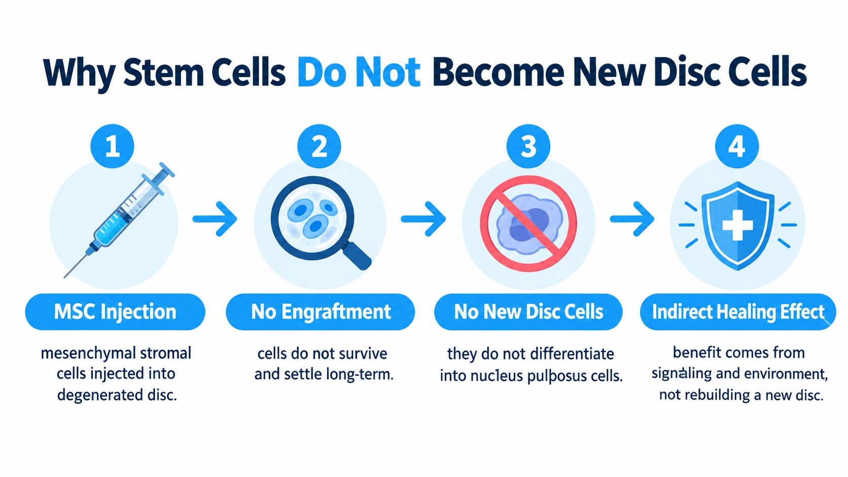A diagram explaining why MSC stem cell injections do not regenerate new cells in degenerated spinal discs.