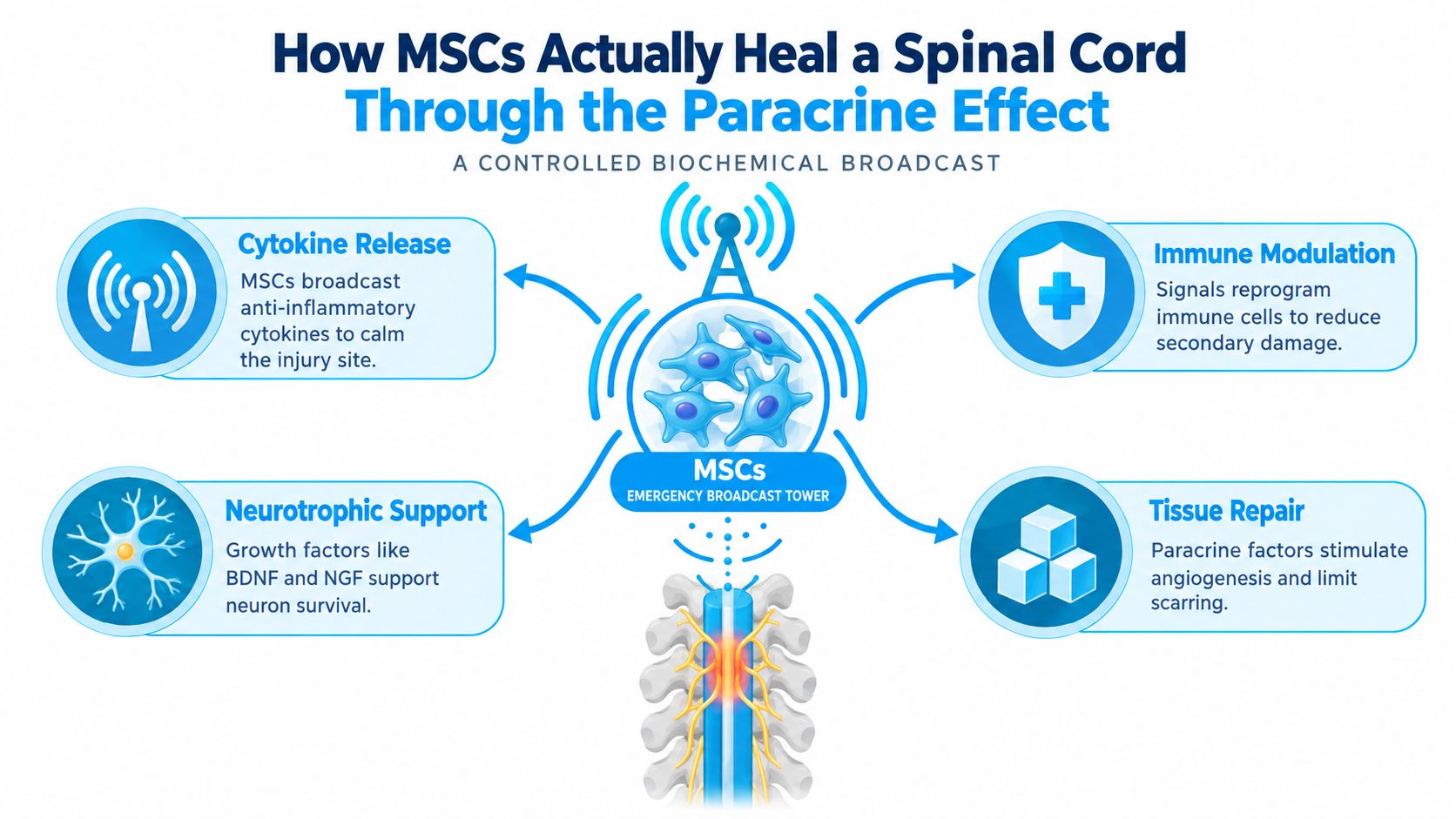 A diagram illustrating how MSC stem cells heal spinal cord injuries through biochemical paracrine signaling mechanisms.