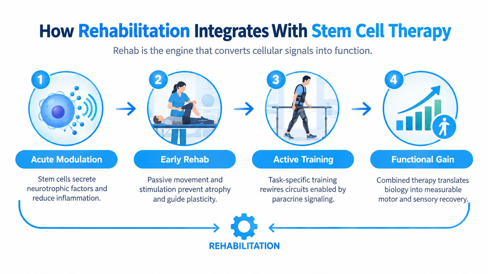 A diagram illustrating the four-step process of integrating rehabilitation with stem cell therapy for patient recovery.