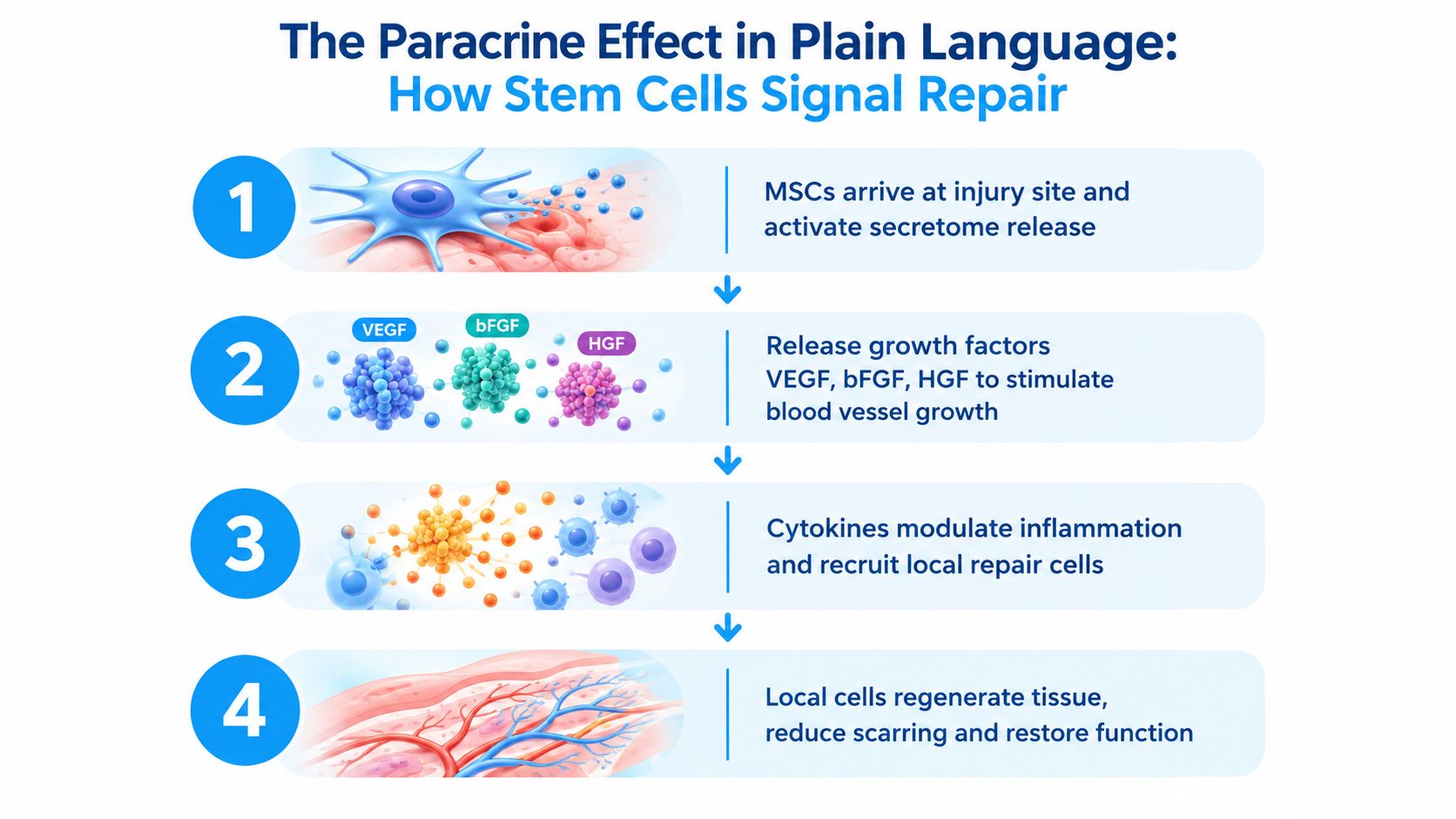 A four-step infographic illustrating how stem cells signal tissue repair through the paracrine effect.