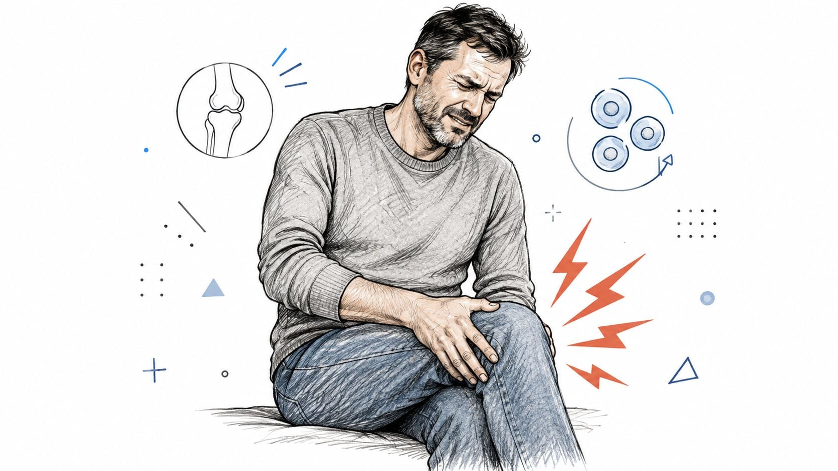 A man looking distressed while holding his painful knee, symbolizing discomfort after a regenerative medical procedure.