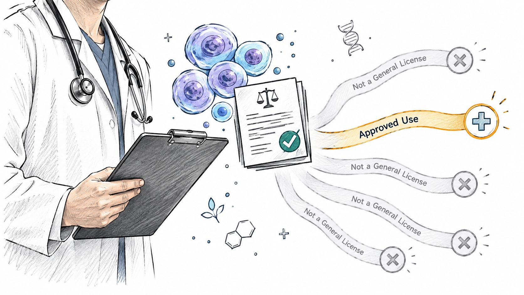 A doctor holding a clipboard with an illustration of legal cells and approved medical use iconography.