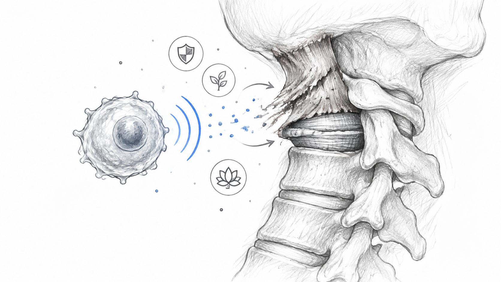 A medical illustration showing a cell emitting sound waves toward an injured human neck spine area.