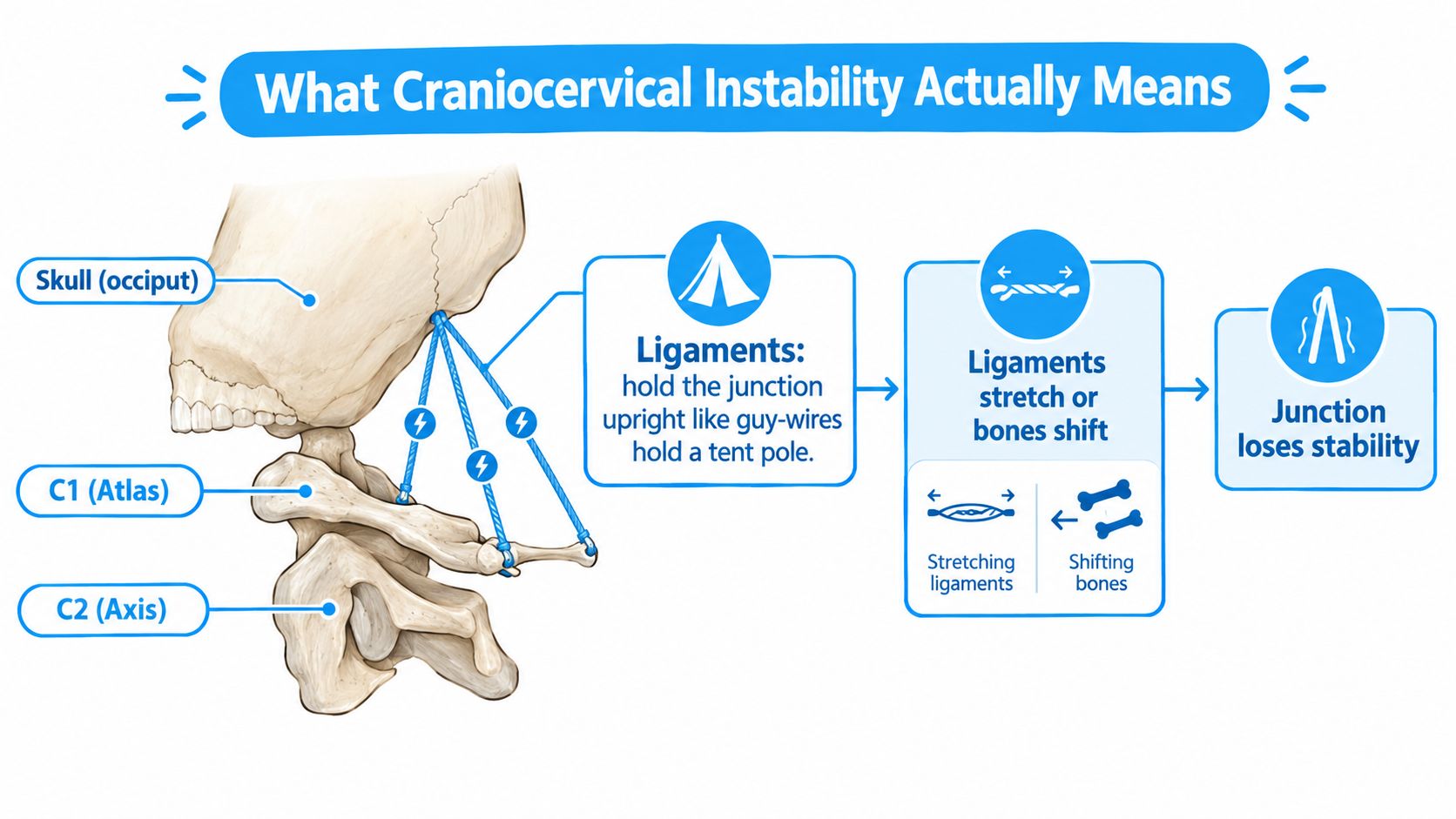 A medical infographic explaining craniocervical instability, showing how ligaments stabilize the skull, C1, and C2 vertebrae.