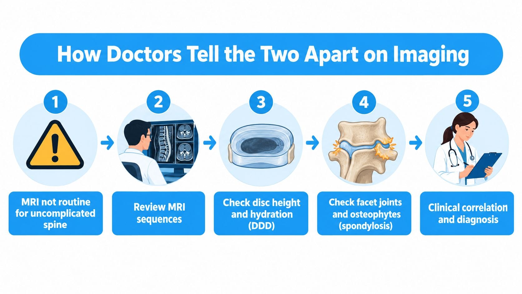 A five-step infographic showing how doctors diagnose degenerative disc disease and spondylosis using medical imaging techniques.