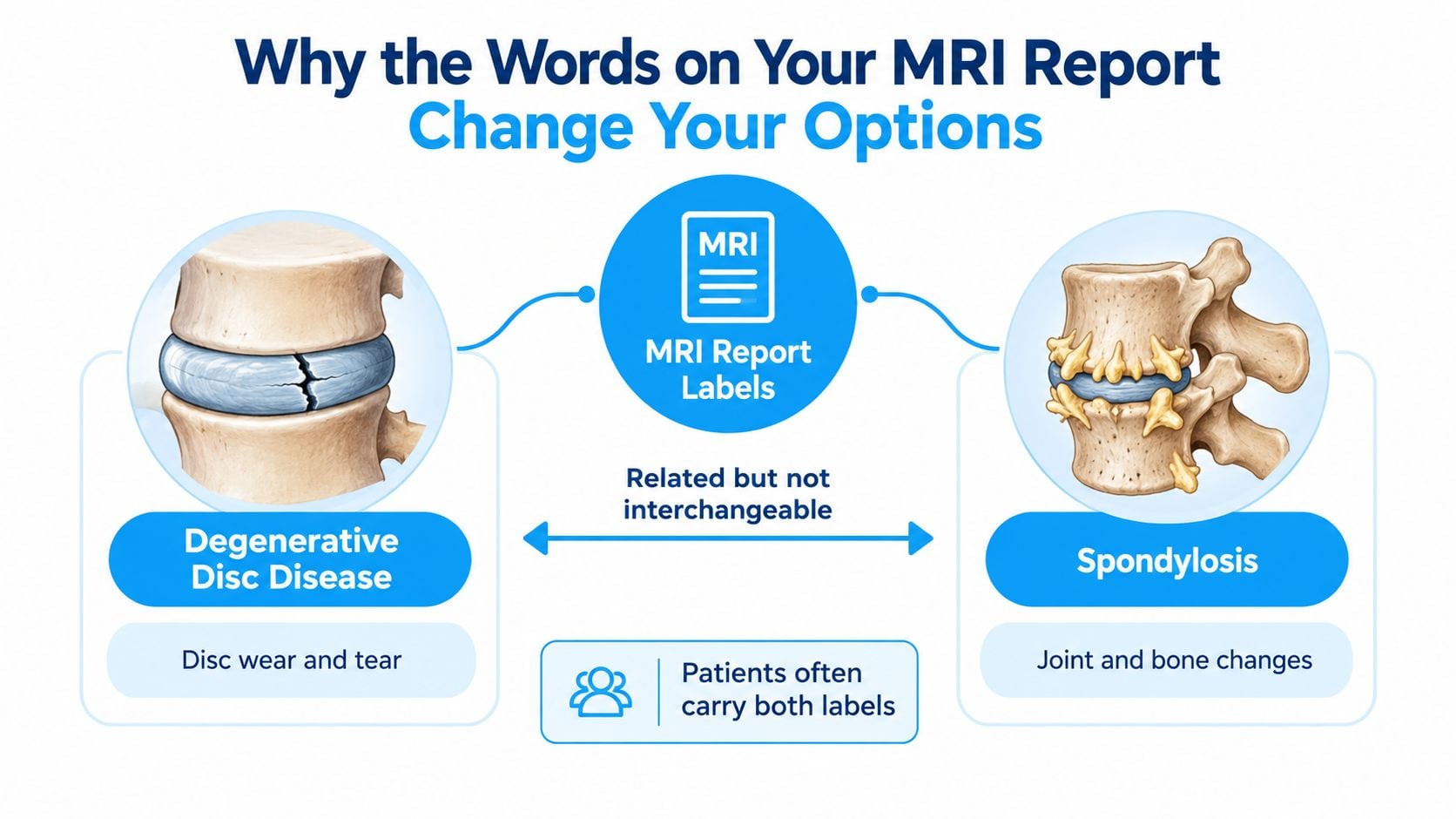An infographic explaining the differences between degenerative disc disease and spondylosis in a spinal MRI report.
