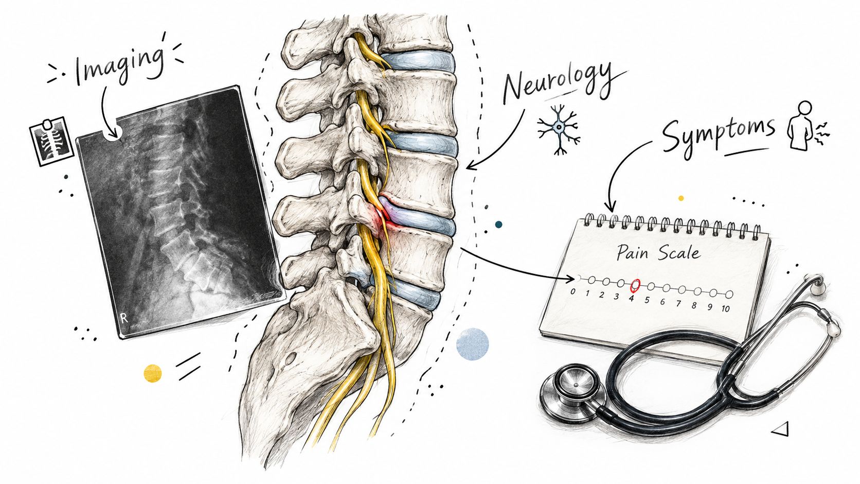 A medical illustration showing a herniated spinal disc with imaging, nerve connection, pain scale, and a stethoscope.