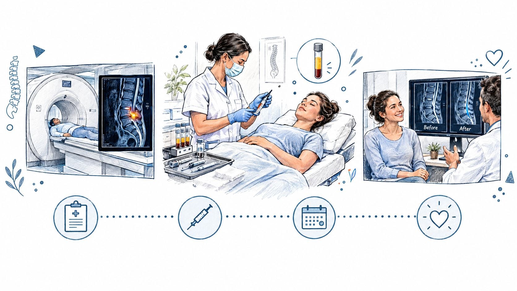 A medical illustration showing the stem cell treatment process for a herniated disk, from MRI to injection.