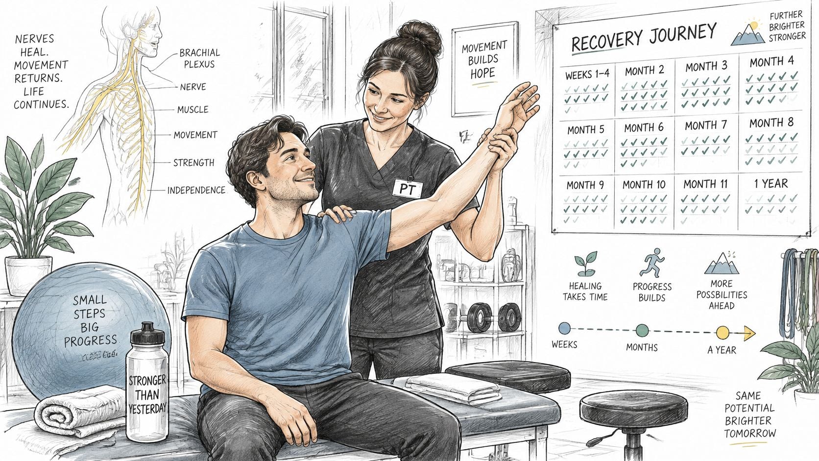 A physical therapist helping a man rehabilitate his arm with a progress chart on the wall behind.