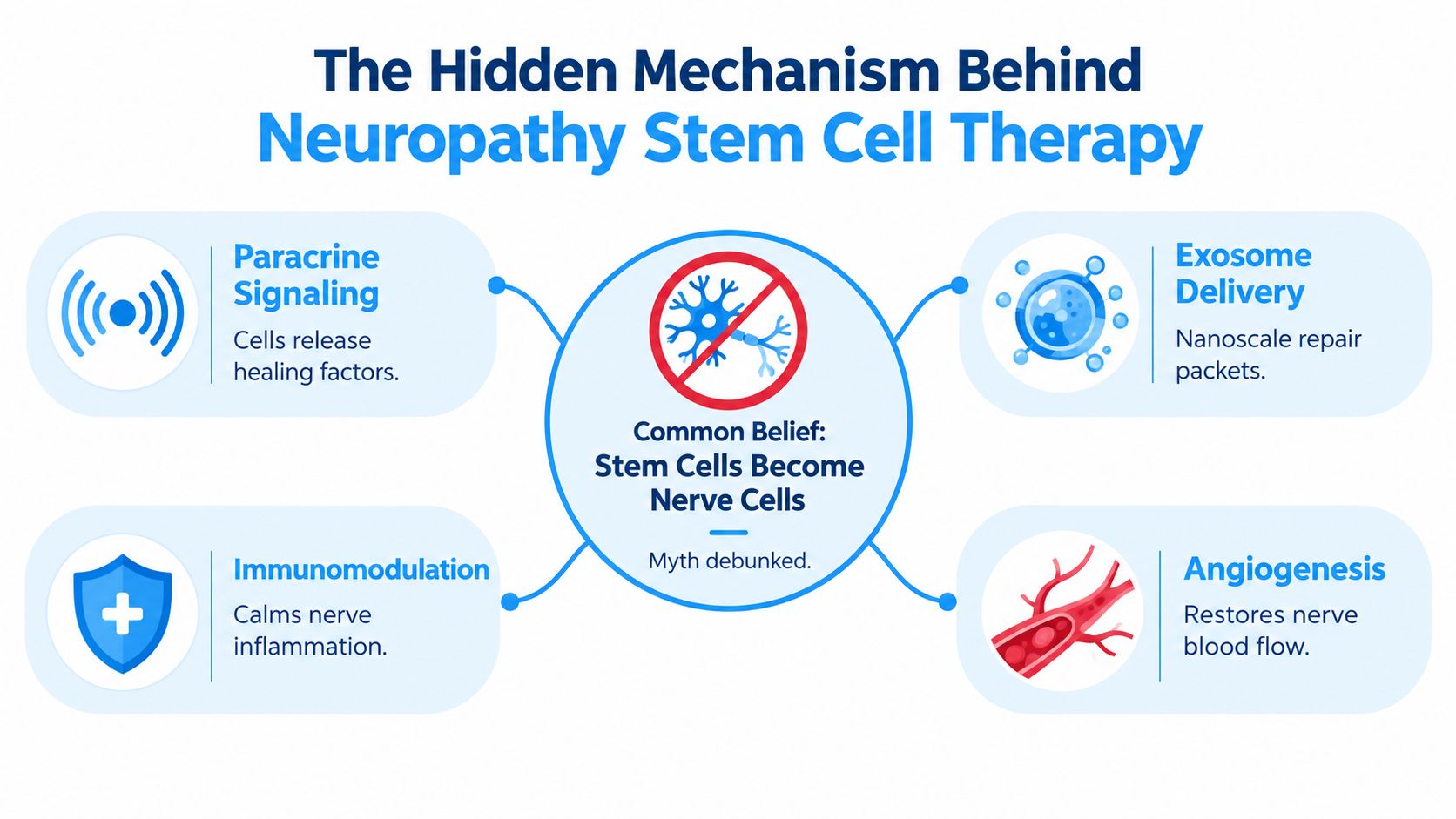 An infographic debunking the myth that stem cells turn into nerve cells during neuropathy treatment.