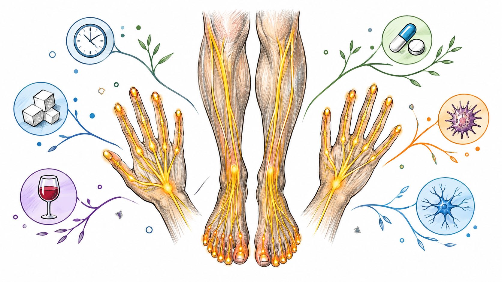 An illustration showing a human body with glowing yellow nerves, representing neuropathy symptoms and its potential causes.